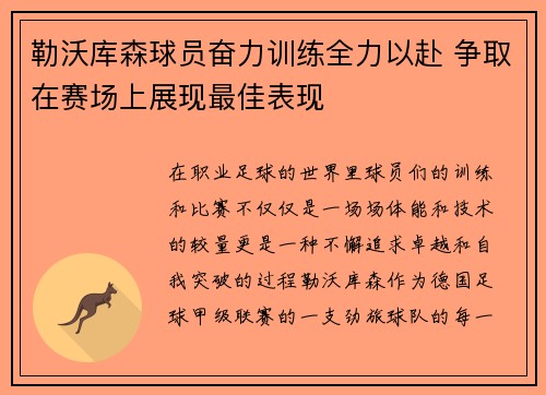 勒沃库森球员奋力训练全力以赴 争取在赛场上展现最佳表现