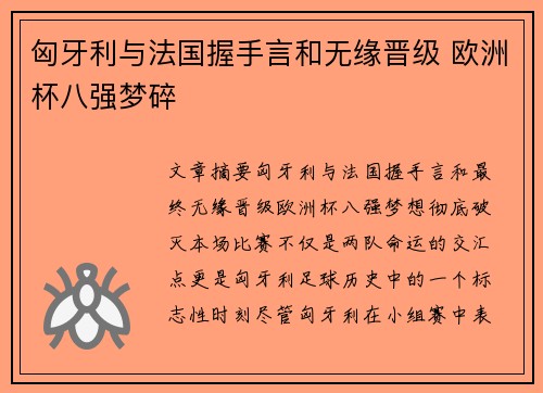 匈牙利与法国握手言和无缘晋级 欧洲杯八强梦碎
