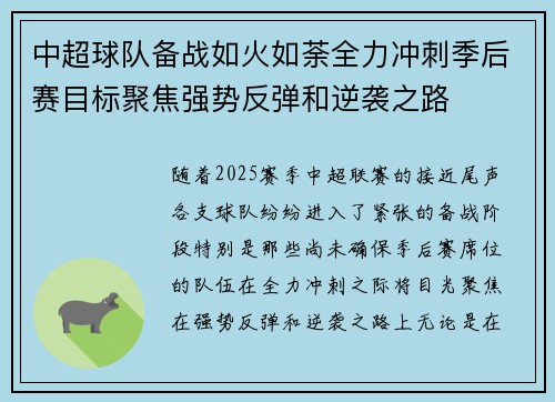 中超球队备战如火如荼全力冲刺季后赛目标聚焦强势反弹和逆袭之路