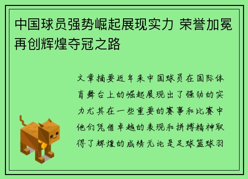 中国球员强势崛起展现实力 荣誉加冕再创辉煌夺冠之路