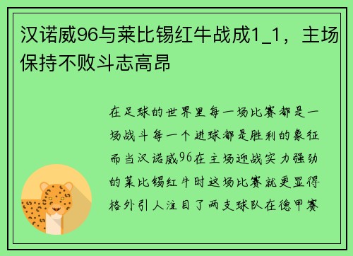 汉诺威96与莱比锡红牛战成1_1，主场保持不败斗志高昂