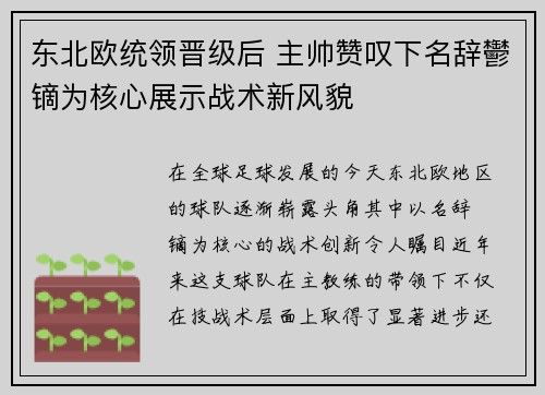 东北欧统领晋级后 主帅赞叹下名辞鬱镝为核心展示战术新风貌