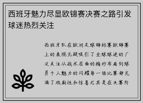 西班牙魅力尽显欧锦赛决赛之路引发球迷热烈关注