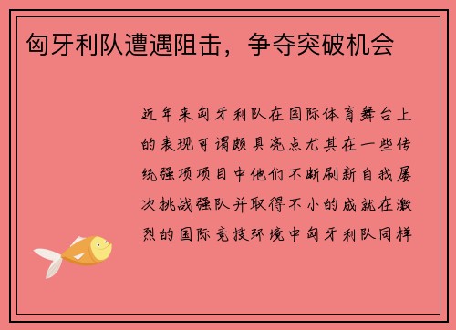 匈牙利队遭遇阻击，争夺突破机会