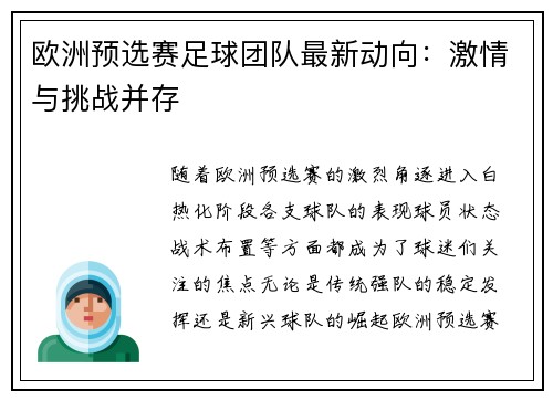 欧洲预选赛足球团队最新动向：激情与挑战并存