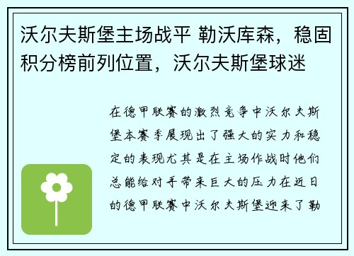 沃尔夫斯堡主场战平 勒沃库森，稳固积分榜前列位置，沃尔夫斯堡球迷
