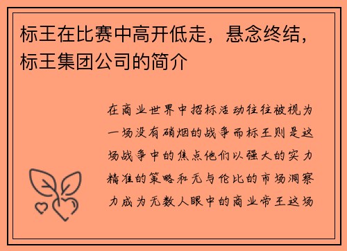 标王在比赛中高开低走，悬念终结，标王集团公司的简介