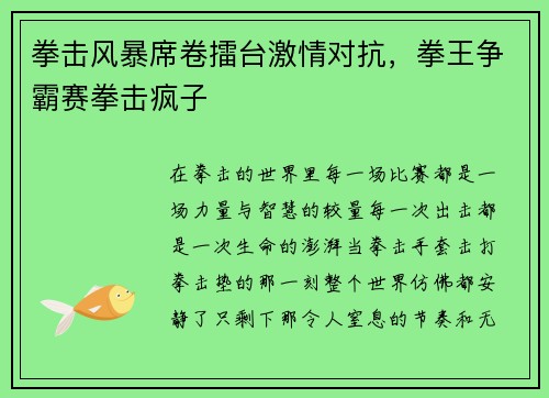 拳击风暴席卷擂台激情对抗，拳王争霸赛拳击疯子