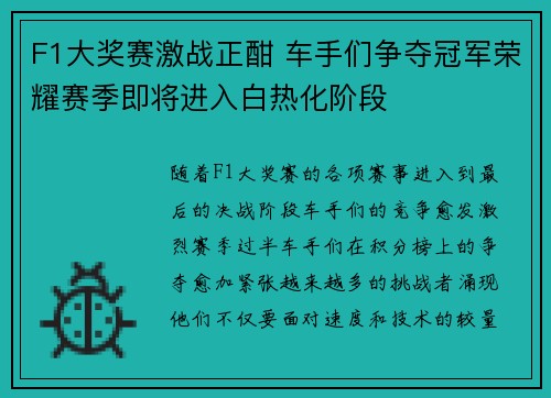 F1大奖赛激战正酣 车手们争夺冠军荣耀赛季即将进入白热化阶段