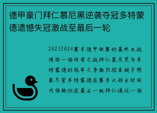 德甲豪门拜仁慕尼黑逆袭夺冠多特蒙德遗憾失冠激战至最后一轮